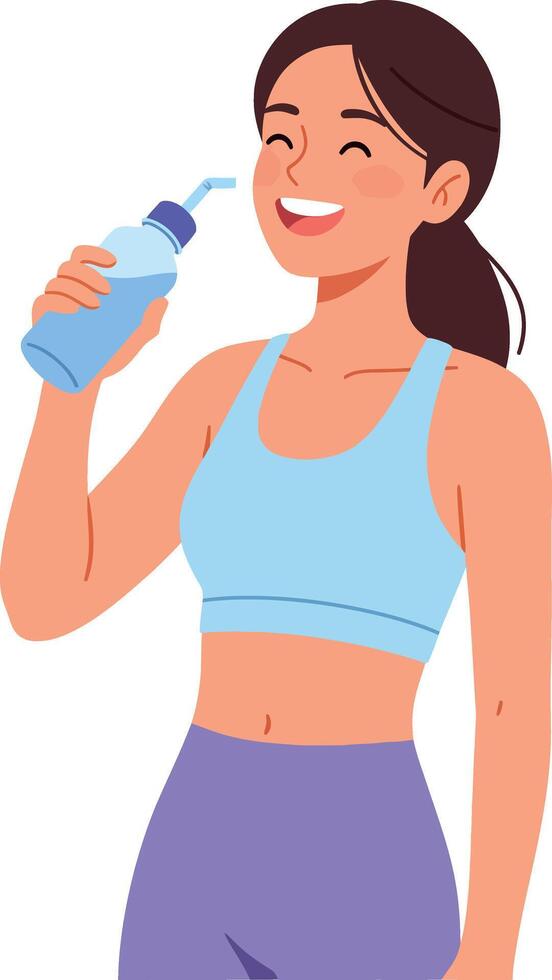 Cheerful woman drinking water in activewear style flat illustration vector
