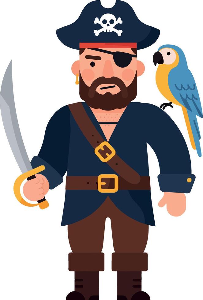 Pirate character with sword and parrot in flat design art vector