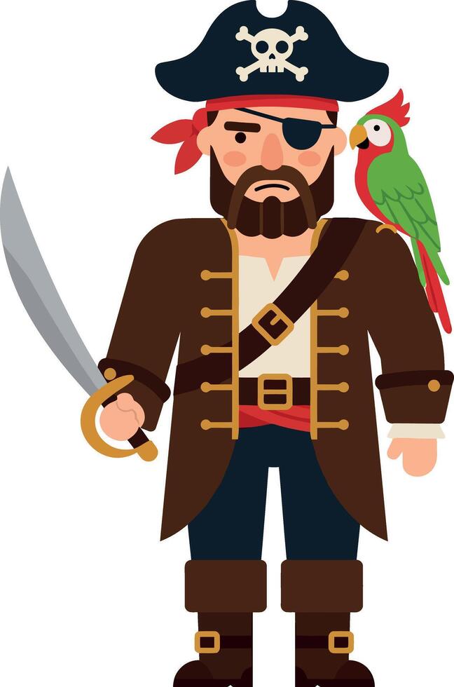Pirate character with a sword and parrot, flat design illustration vector
