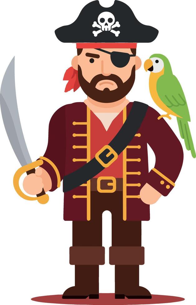 Pirate character with sword and parrot in flat illustration style vector