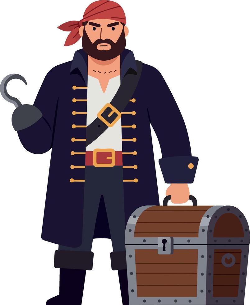 Pirate character holding a treasure chest in flat art style with a confident expression vector