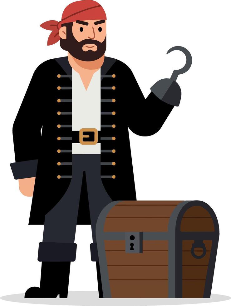 Pirate character in a black coat with a hook hand beside a treasure chest in flat art vector
