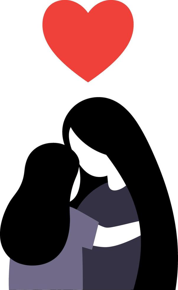 Two women embracing in a heartfelt moment, minimal design with a love symbol above, art vector