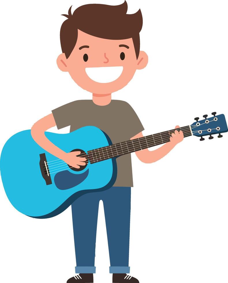 Happy boy playing a bright blue guitar in a flat illustration vector
