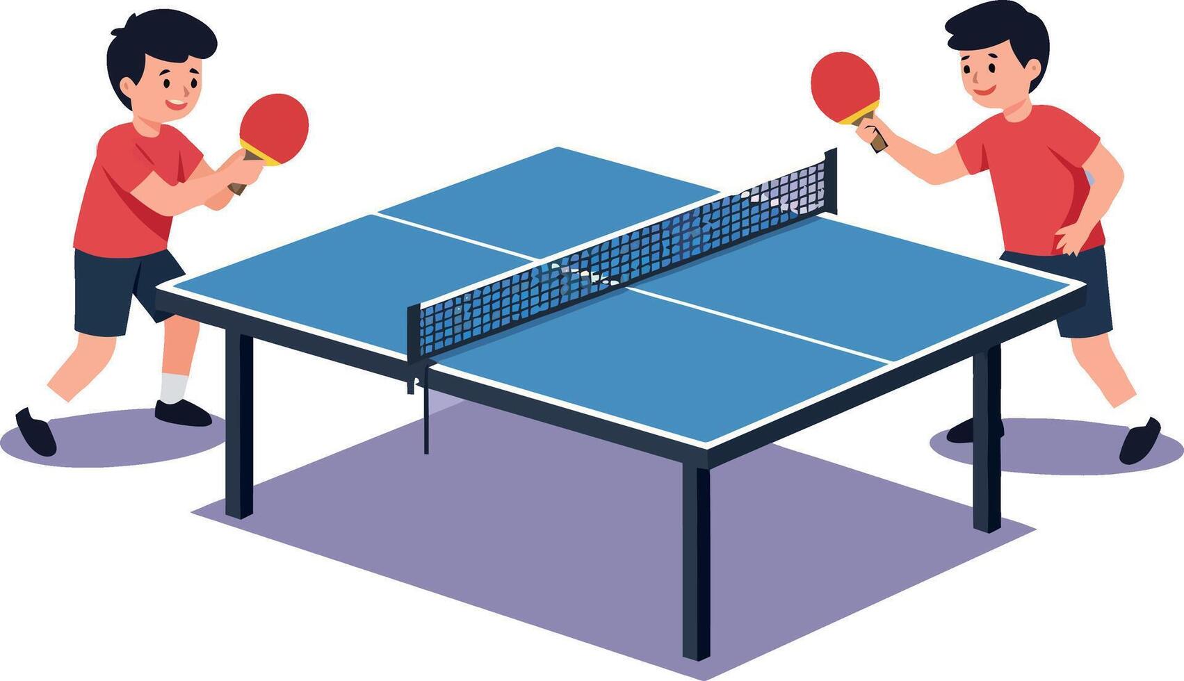 Two young boys playing table tennis in a flat design style, showcasing excitement and competition in art vector
