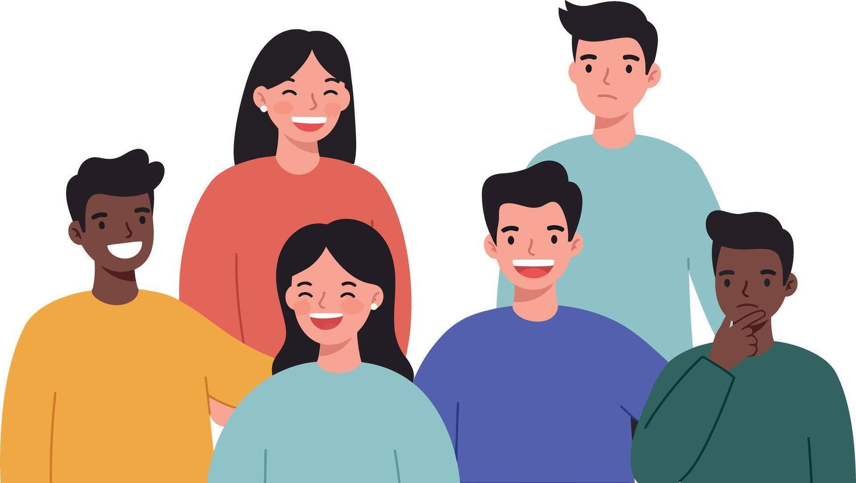 Group of diverse young adults smiling together in minimal flat art vector