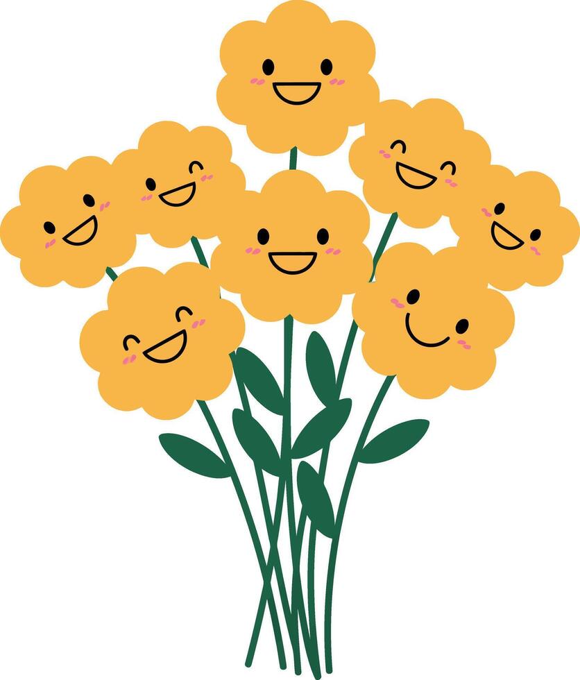 Happy yellow flowers with smiling faces in a cheerful flat design art vector