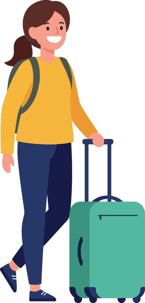 Young woman with a green suitcase wearing a yellow sweater in a flat illustration vector