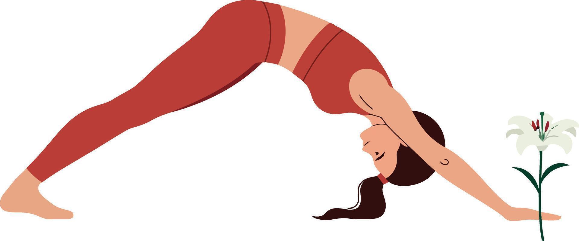 Woman performing yoga in downward dog pose, wearing red outfit, minimal flat illustration vector