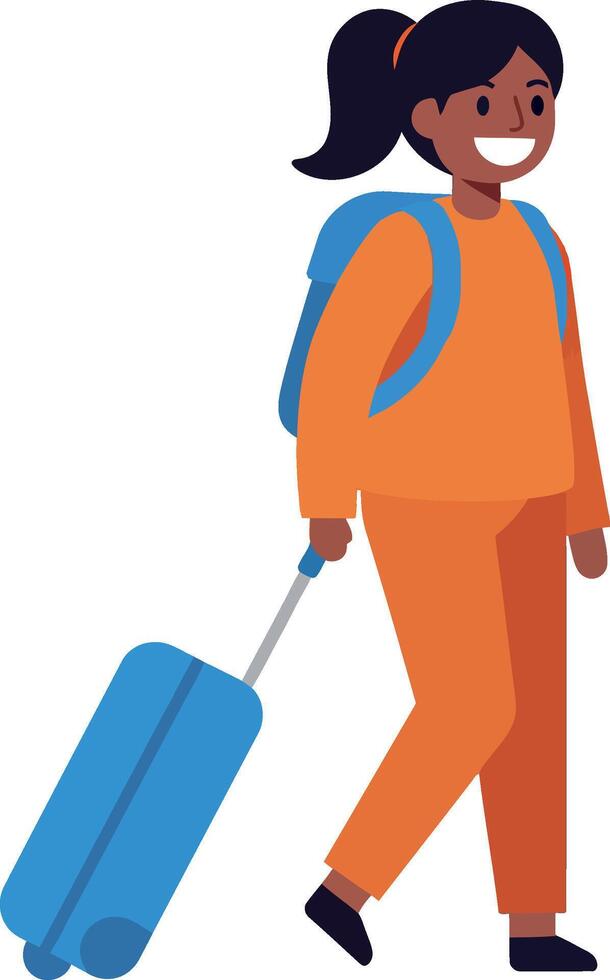Happy traveler with a suitcase wearing bright orange attire in flat art vector