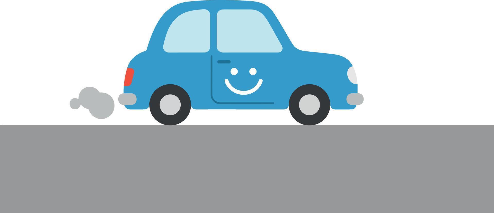 Blue cartoon car with a smiling face driving on a grey road in flat art vector