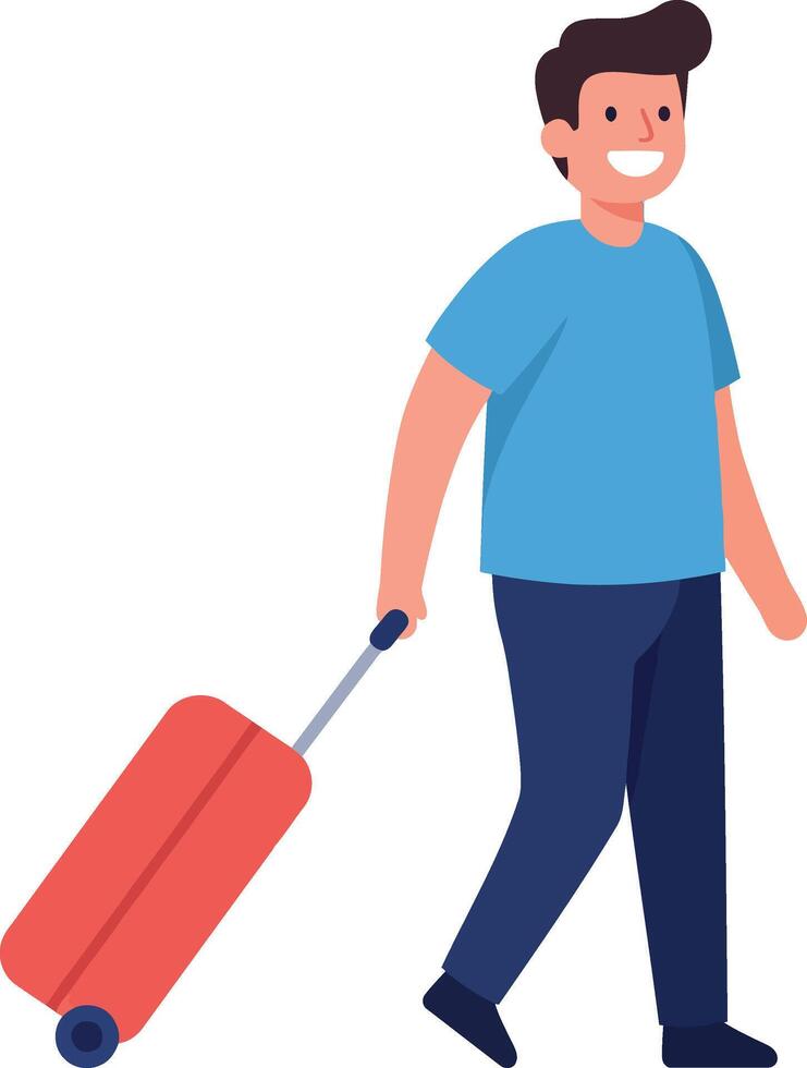 Happy man walking with a red suitcase in a casual outfit, flat illustration vector