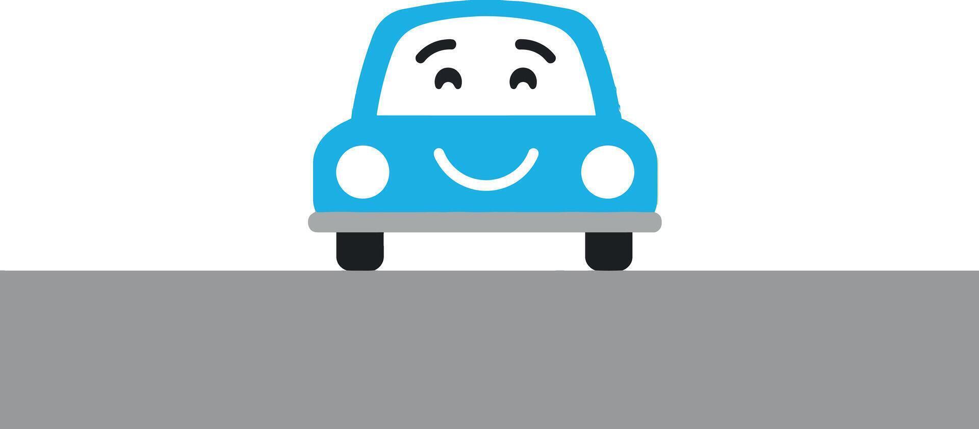 Smiling blue car on a grey road in flat illustration style vector