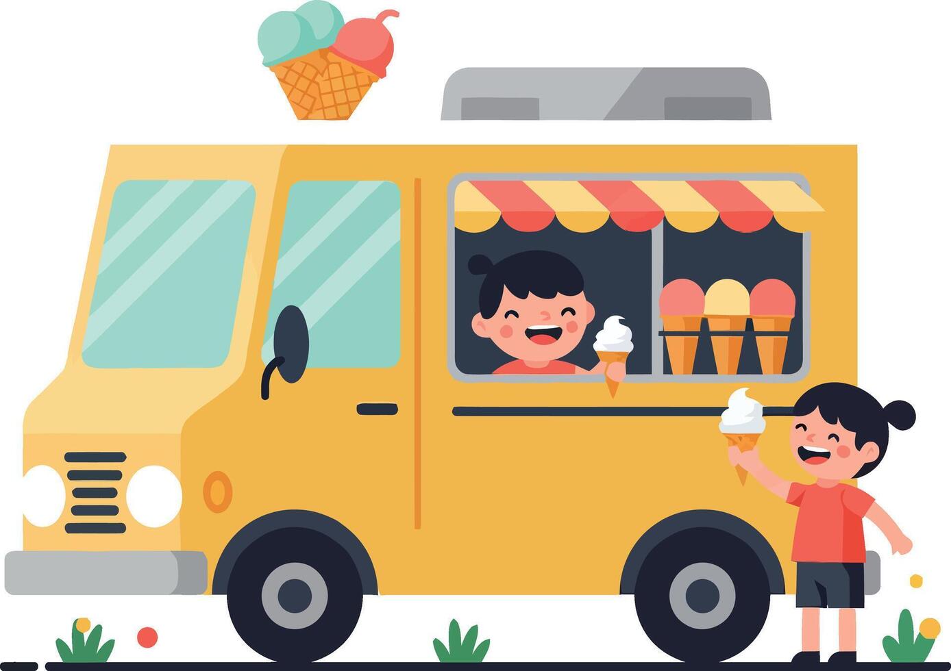A cheerful ice cream truck in a sunny park featuring flat art with happy children enjoying ice cream treats vector