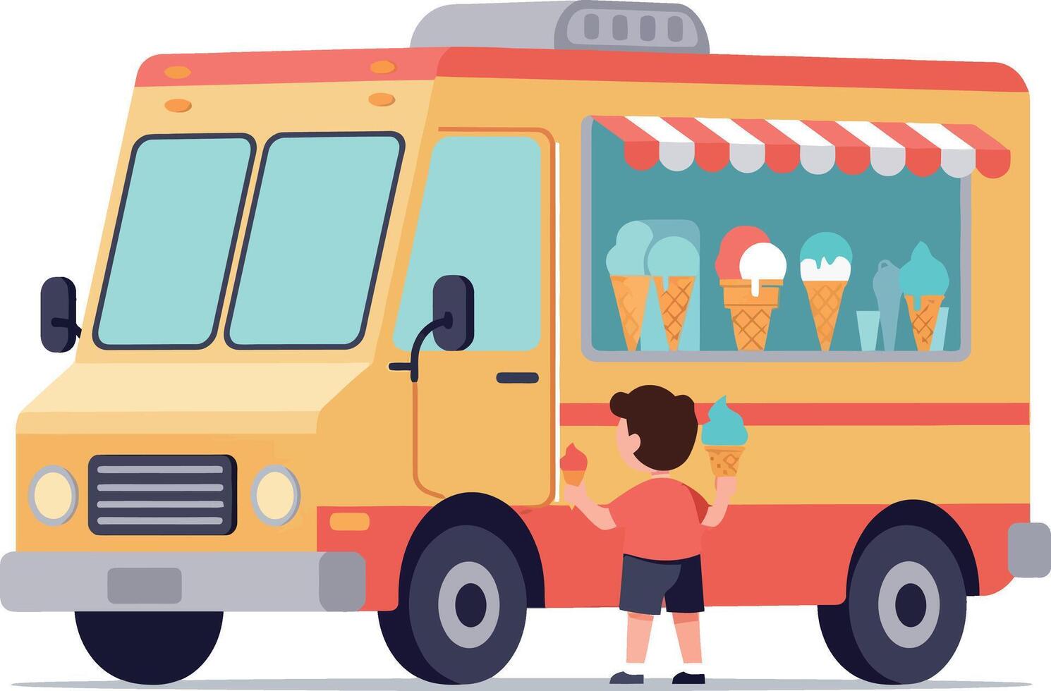 A cheerful boy enjoying ice cream from a colorful food truck in flat art vector