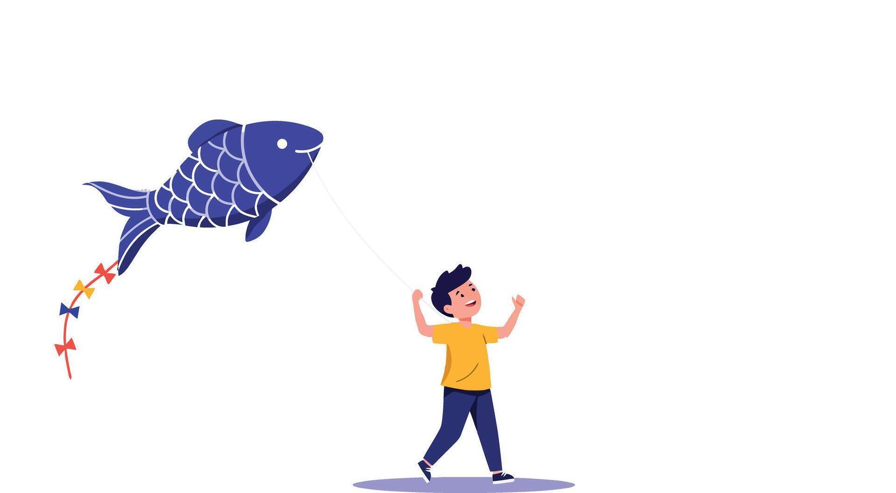 A boy joyfully watching a flying fish in a whimsical flat illustration vector