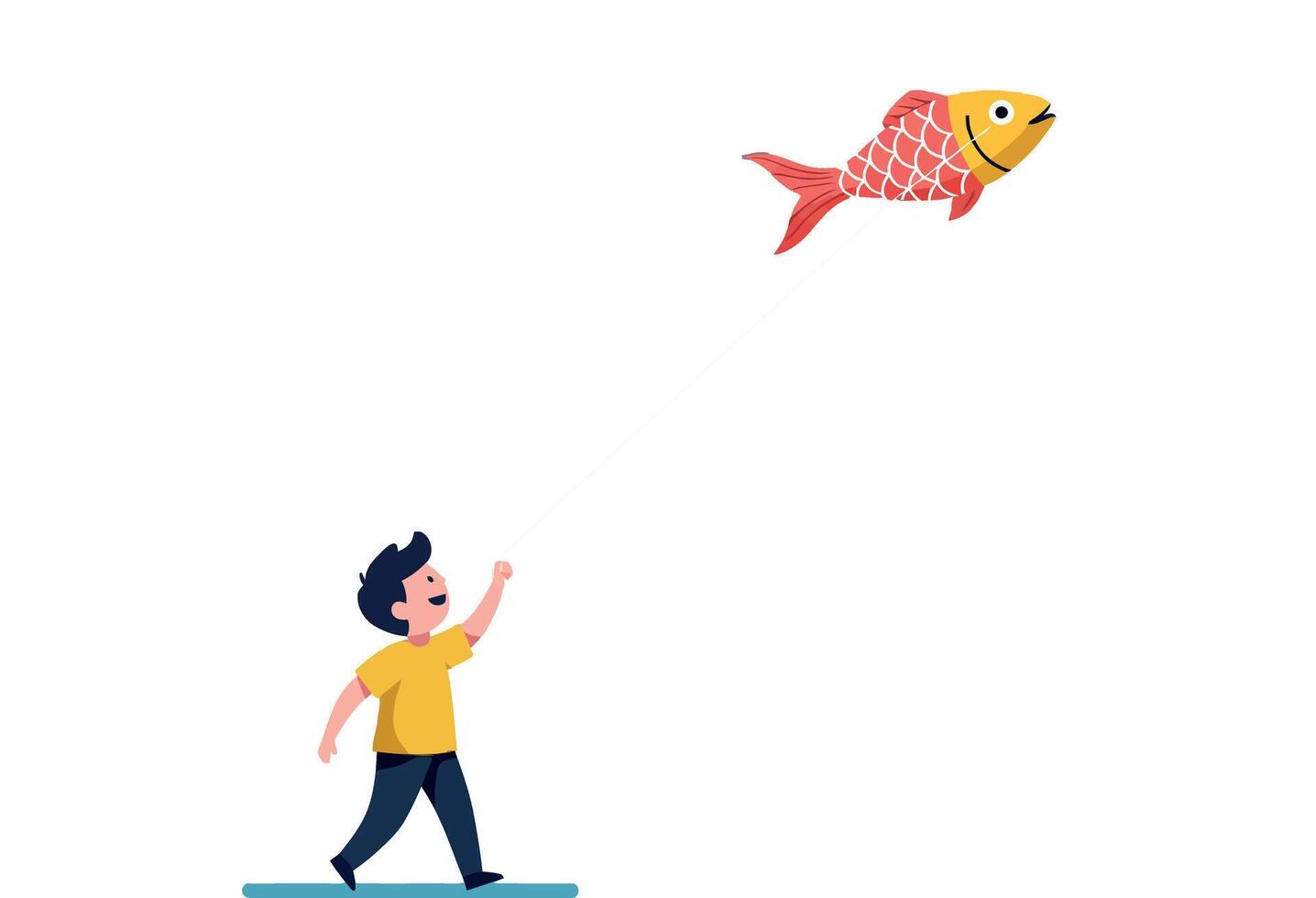 A young boy reaching for a flying fish in a playful flat illustration vector
