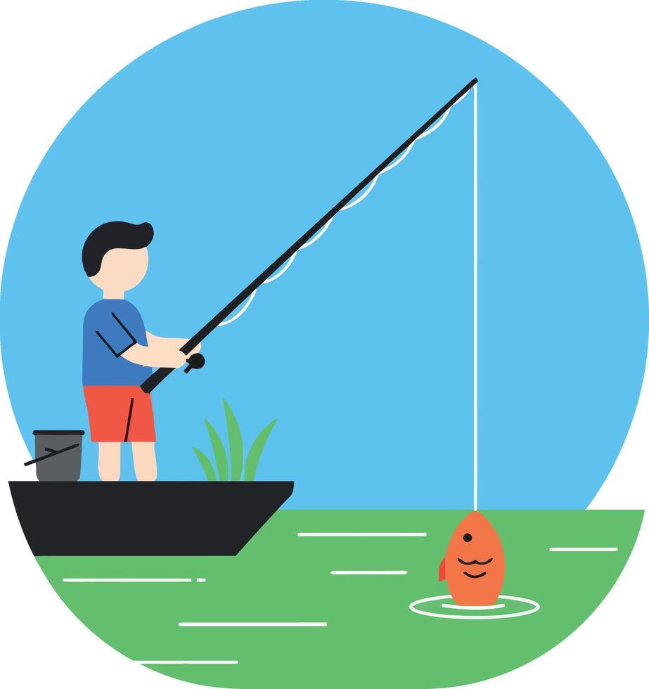 A child fishing joyfully from a small boat in a serene lake with flat art vector