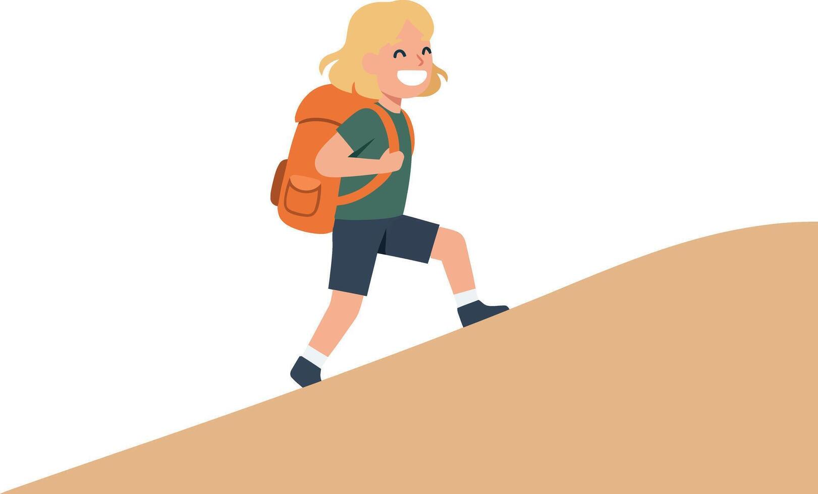 Child with a backpack climbing a sandy hill in a cheerful flat illustration vector