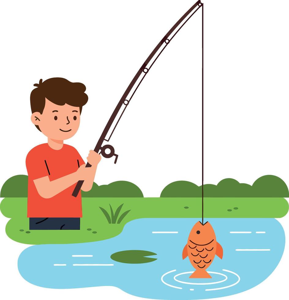 Young boy fishing by a serene lake in flat art style with cheerful mood and vibrant colors vector