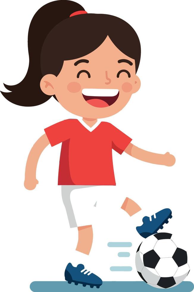 A cheerful girl in a red jersey joyfully kicking a soccer ball in a playful, flat illustration vector
