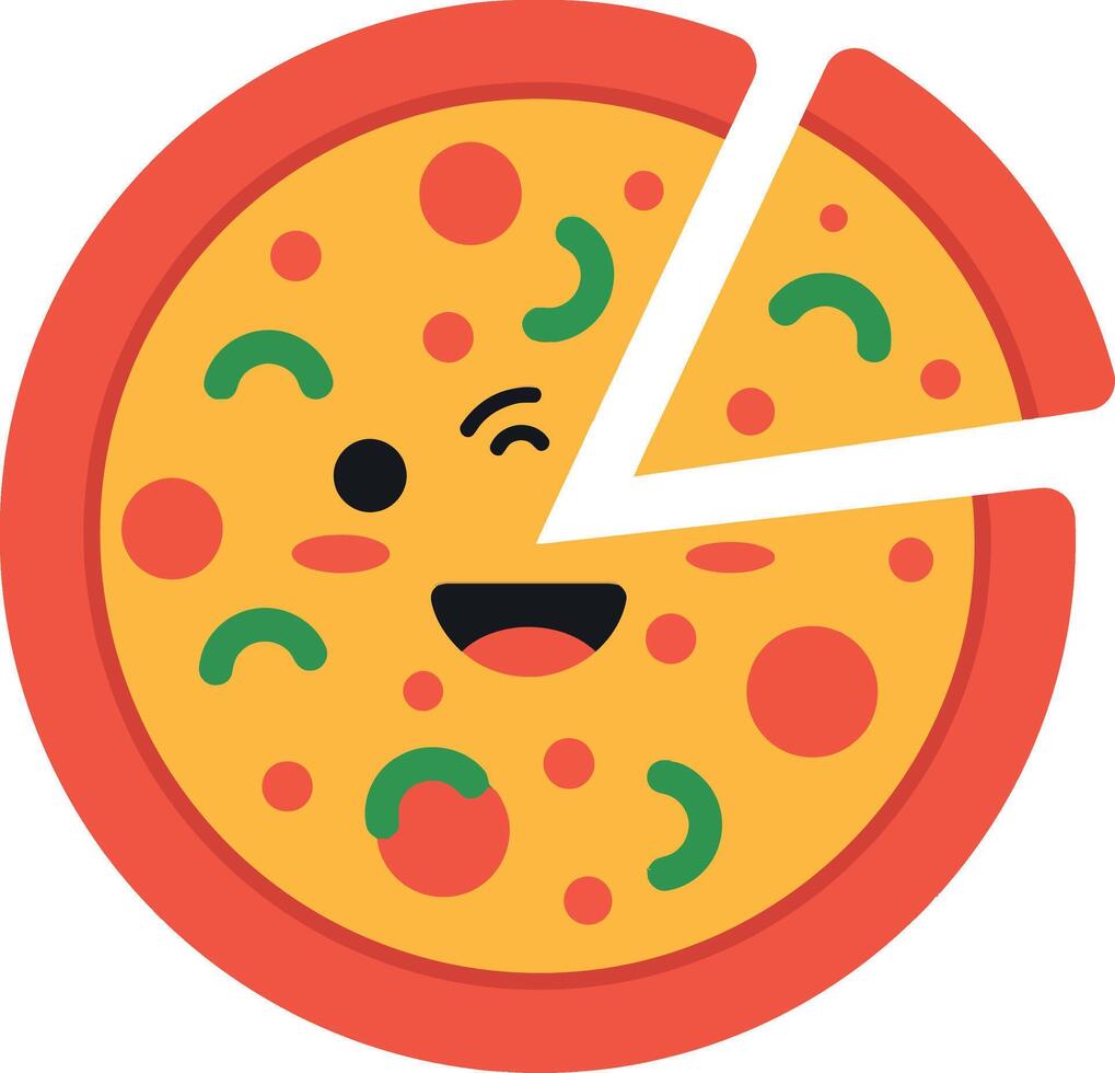 Happy cartoon pizza slice with smiley face and colorful toppings in flat art vector