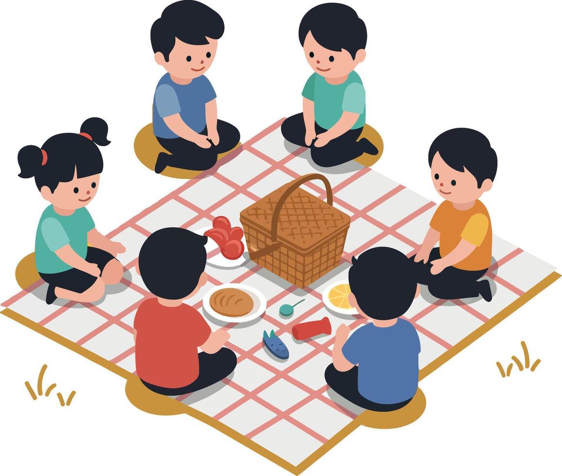 Group of children enjoying a picnic on a checkered blanket in flat illustration vector