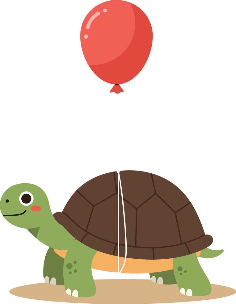 A cheerful turtle with a red balloon floating above in a minimalistic design style illustration vector