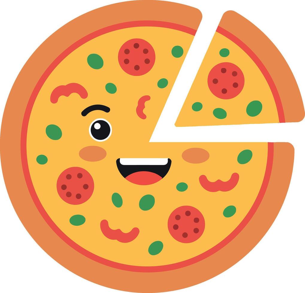 Happy cartoon pizza character with sliced piece, flat design, joyful expression, illustration vector