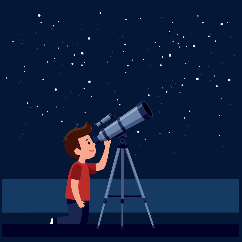 A young boy observing the night sky through a telescope in a flat illustration vector