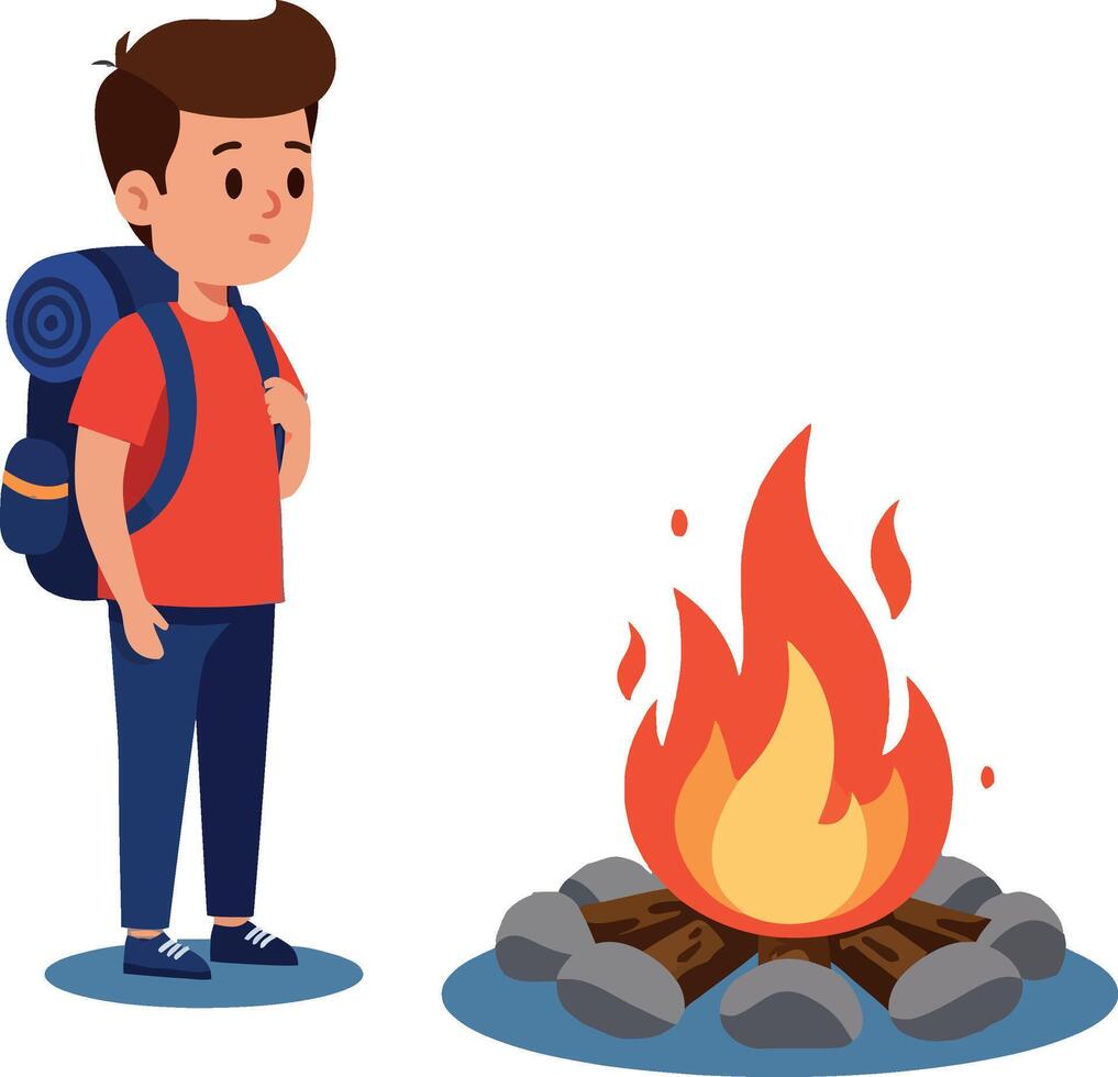 Young boy with backpack standing beside a campfire in a flat illustration vector