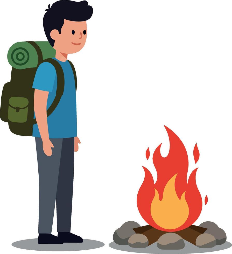 Young backpacker standing beside a campfire in a flat art style vector