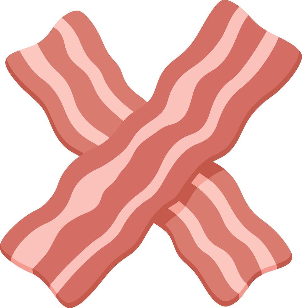 Two strips of crispy bacon arranged in a cross pattern, flat design art vector
