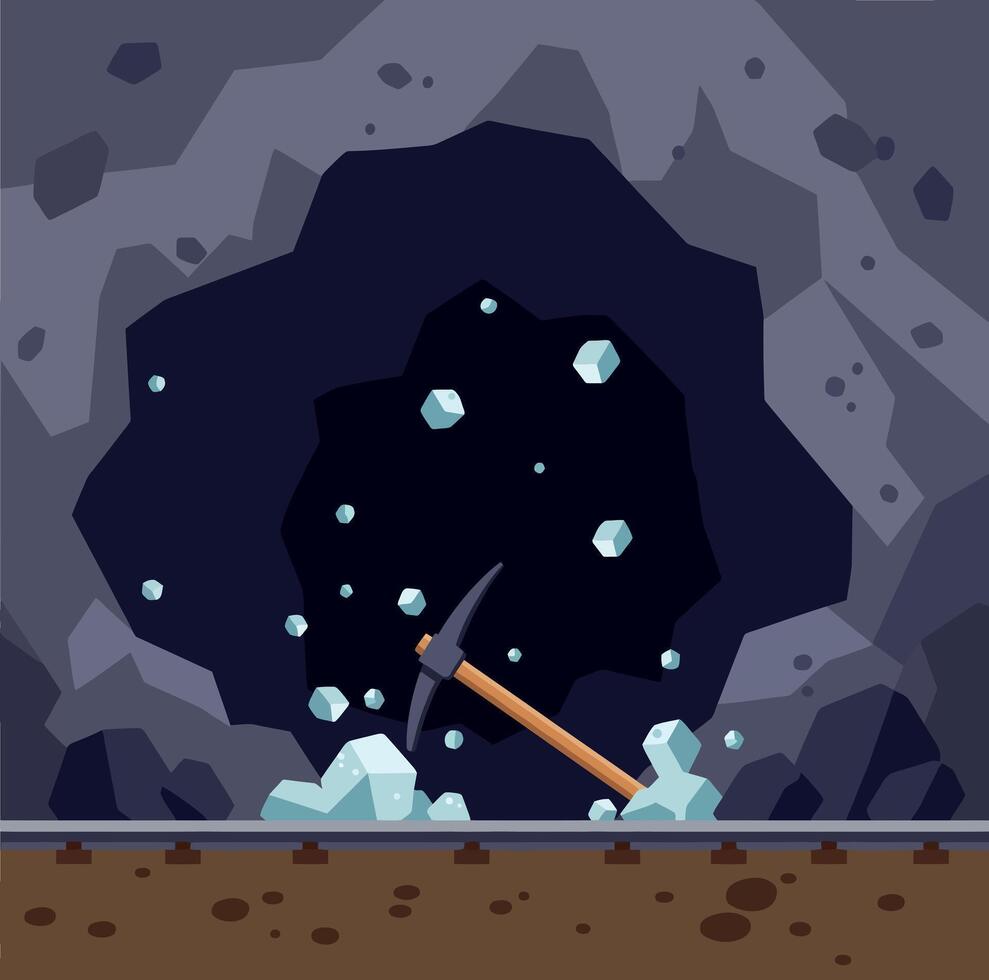 A mining pickaxe striking rocks inside a dark cave in flat art vector