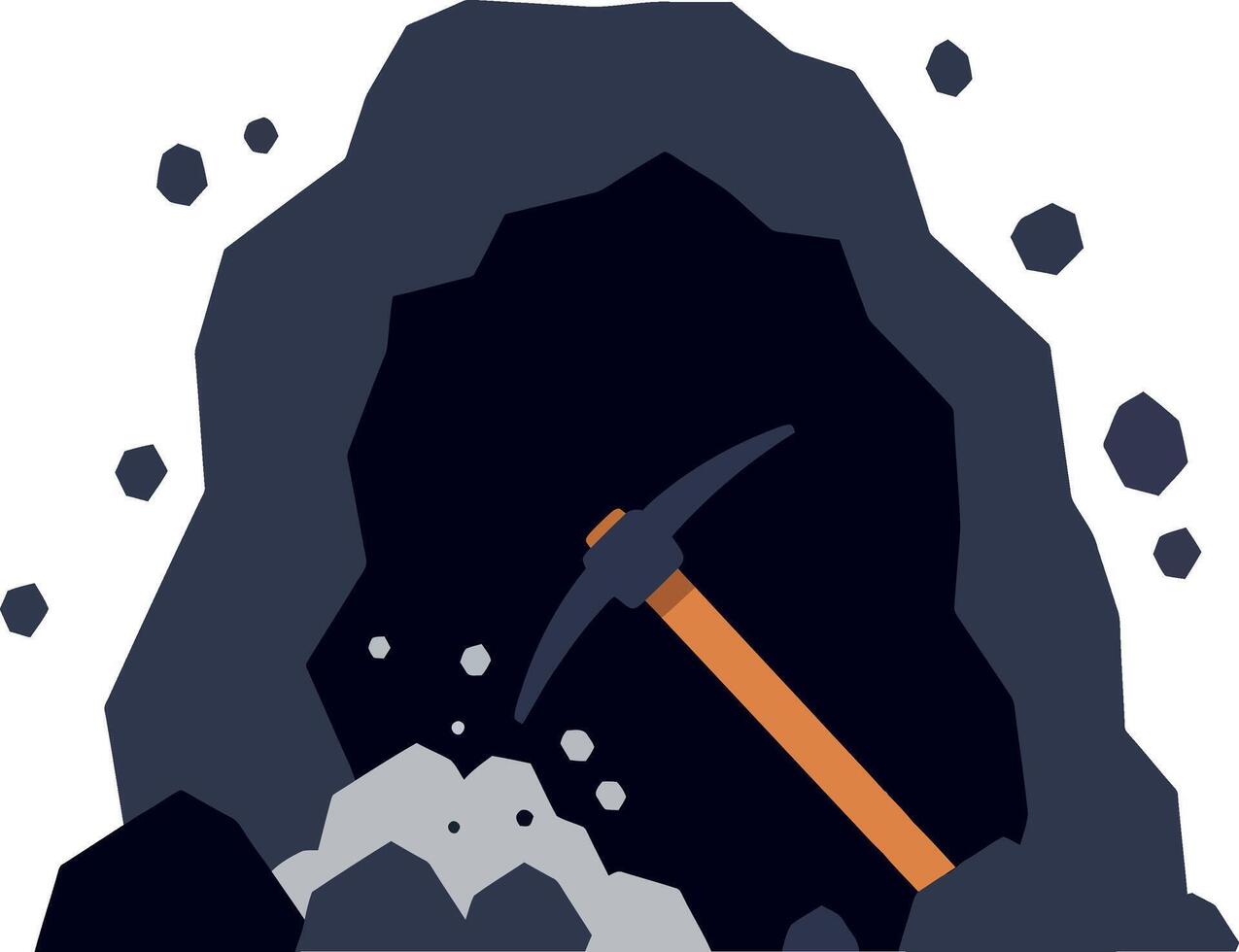 Mining pickaxe positioned at the entrance of a dark cave in flat art vector