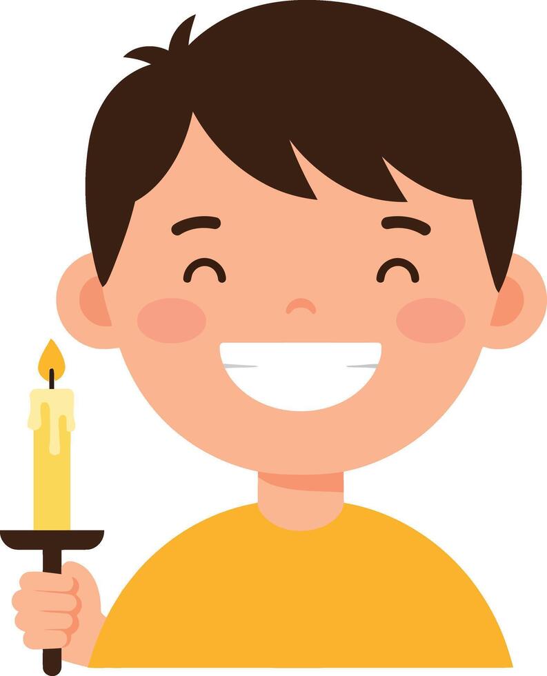 Happy boy holding a lit candle in a cheerful, flat design style illustration vector