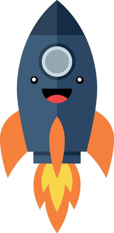 Happy cartoon rocket with expressive eyes and flames in a flat design art vector