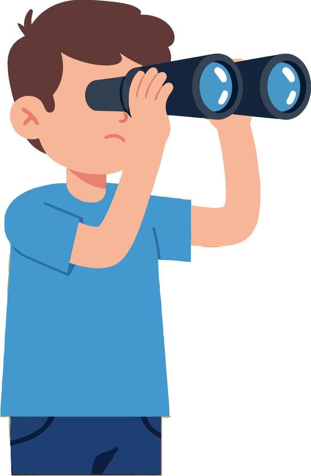 Boy exploring the outdoors with binoculars in a flat illustration vector