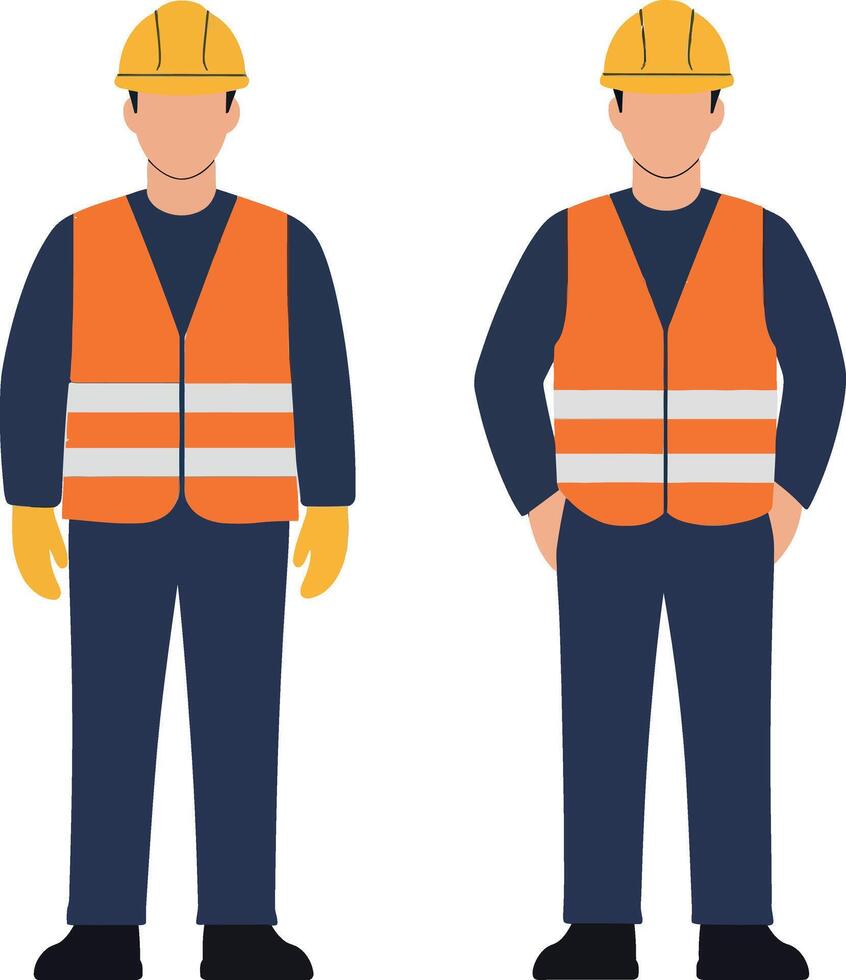Construction workers in safety vests and helmets showcasing flat art style with two poses and a professional atmosphere vector