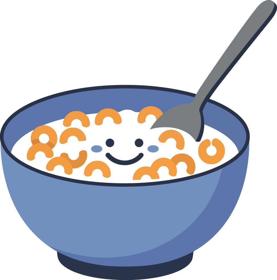 A cheerful bowl of cereal with smiling face and spoon in flat art vector
