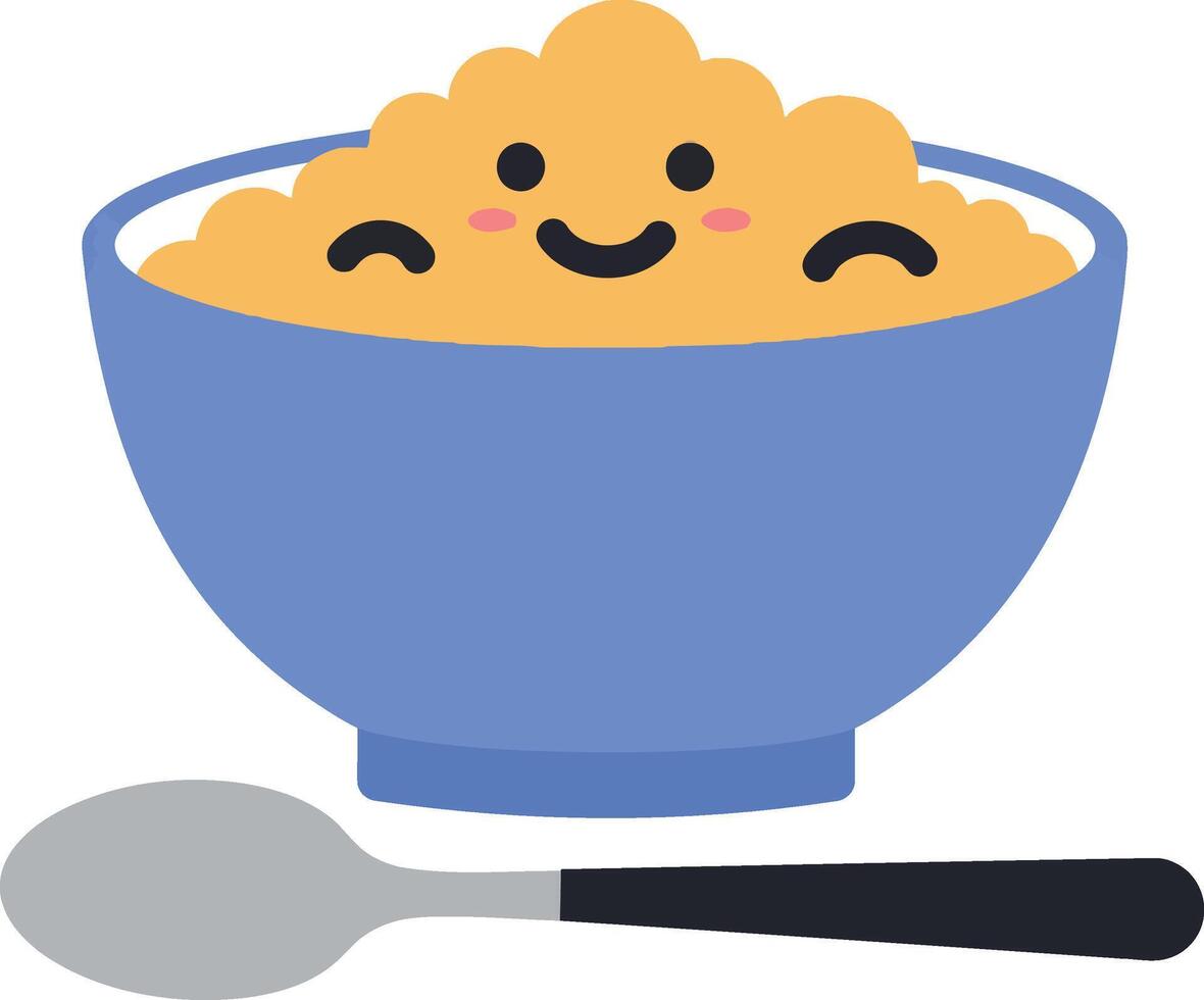 Happy bowl of oatmeal with smiling faces and a spoon in a flat illustration vector