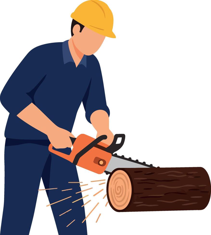 A man cutting a log with a chainsaw in a flat art style showing focus and determination vector