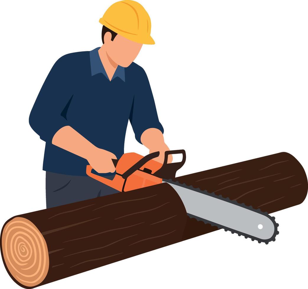 A worker using a chainsaw to cut a log in a flat illustration vector