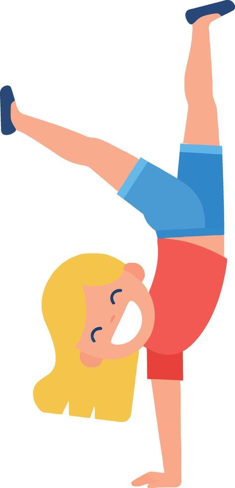 Young girl joyfully performing a handstand in a colorful flat illustration vector