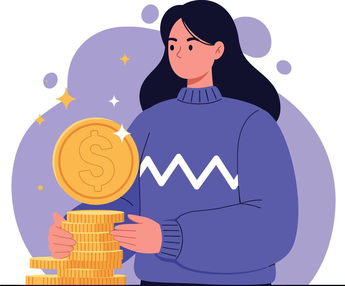 Woman holding a large coin symbolizing wealth in a flat illustration vector