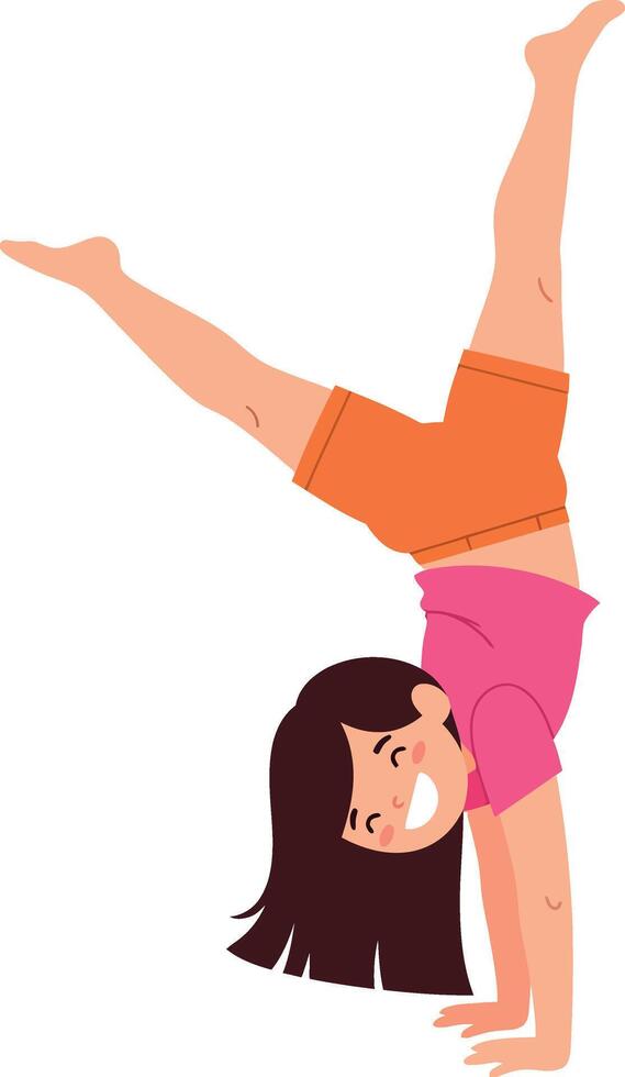 Happy girl performing a handstand in vibrant shorts with a flat illustration vector