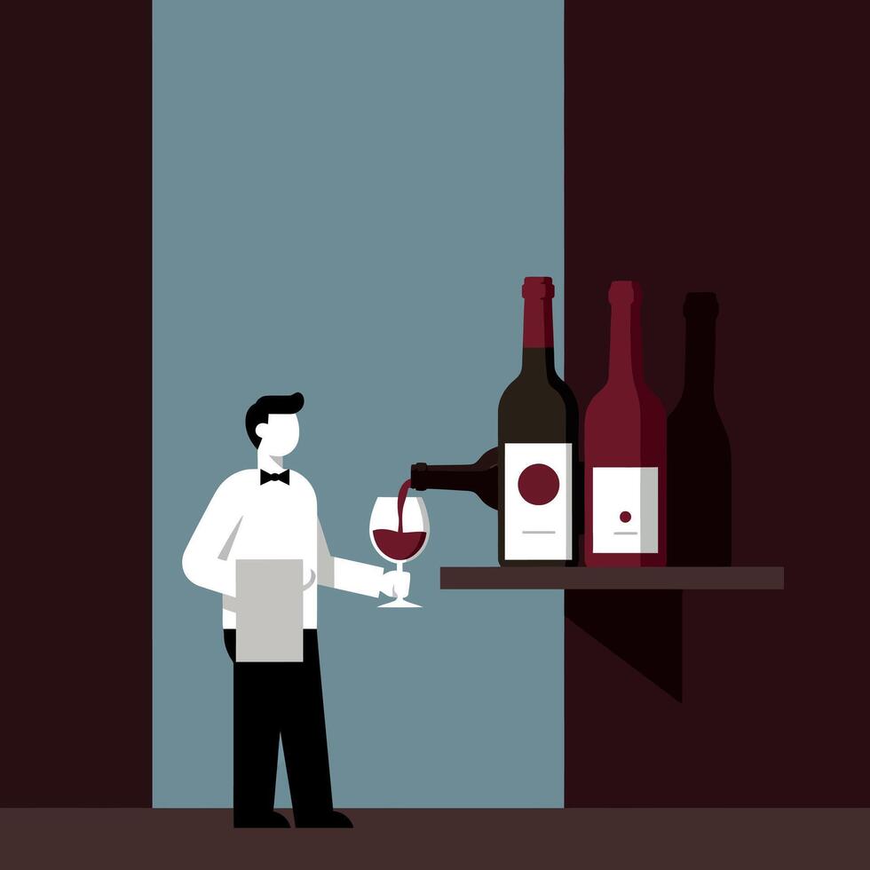 Waiter in a tuxedo pouring red wine into a glass in minimal illustration vector