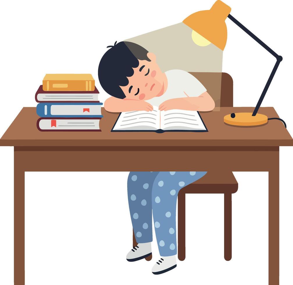 A young boy resting his head on an open book at a desk with a lamp, flat illustration vector