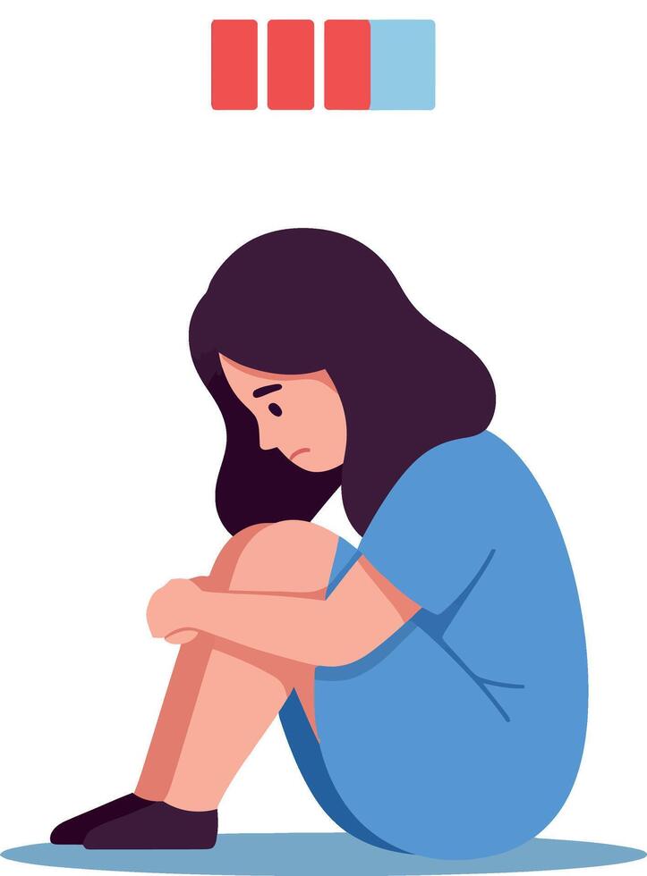 A girl sitting with her knees drawn up in a blue dress, minimal illustration reflecting emotional introspection vector