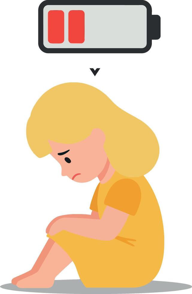 Depressed young girl in yellow dress with low battery icon in minimal illustration vector